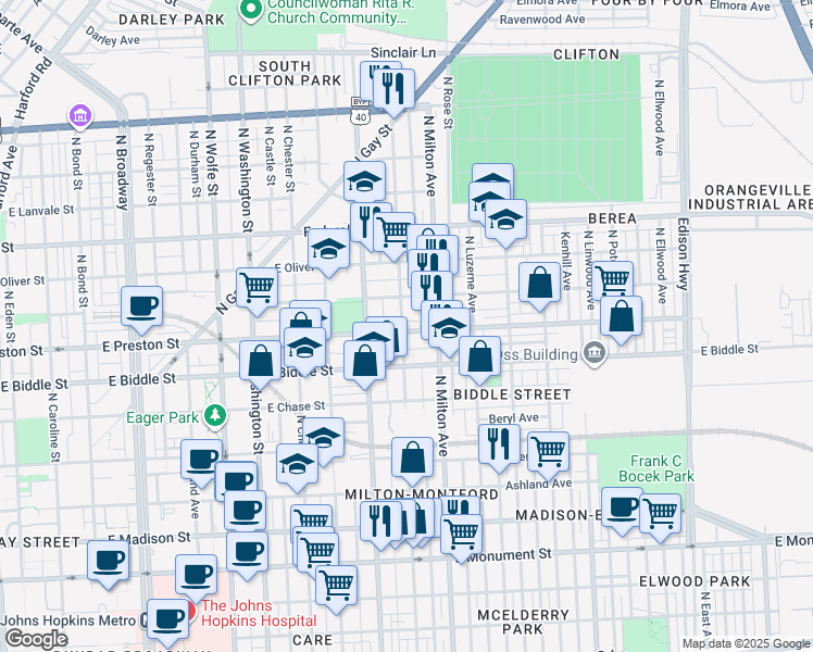 map of restaurants, bars, coffee shops, grocery stores, and more near 2402 East Preston Street in Baltimore