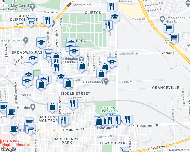 map of restaurants, bars, coffee shops, grocery stores, and more near 1240 North Curley Street in Baltimore