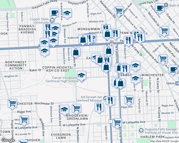 map of restaurants, bars, coffee shops, grocery stores, and more near 1522 North Pulaski Street in Baltimore