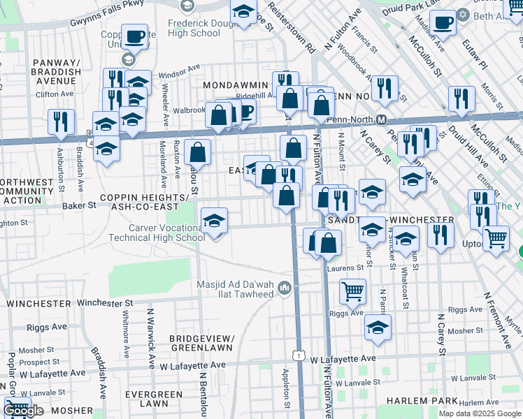 map of restaurants, bars, coffee shops, grocery stores, and more near 1526 North Payson Street in Baltimore