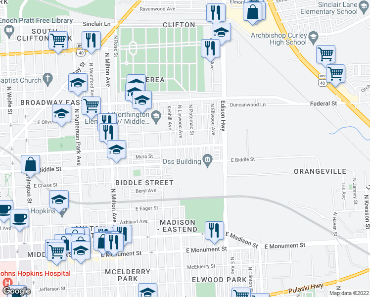 map of restaurants, bars, coffee shops, grocery stores, and more near 1249 N Curley St in Baltimore