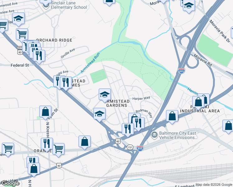 map of restaurants, bars, coffee shops, grocery stores, and more near 1134 Quantril Way in Baltimore