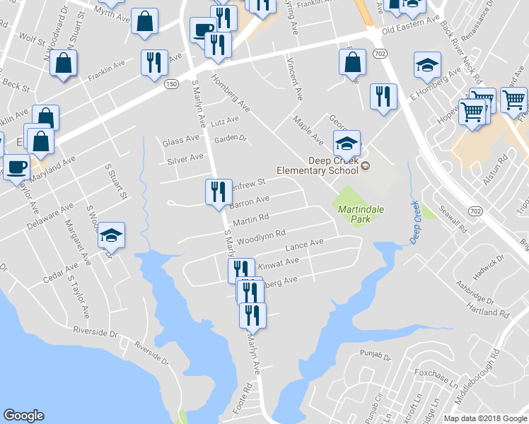 map of restaurants, bars, coffee shops, grocery stores, and more near 926 Martin Road in Essex