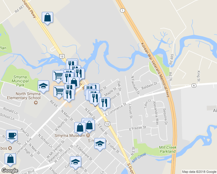 map of restaurants, bars, coffee shops, grocery stores, and more near 267 East North Street in Smyrna