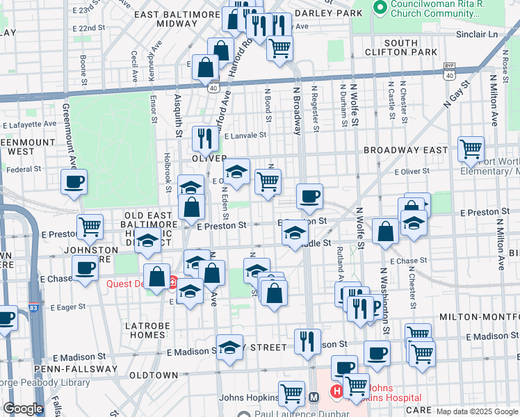 map of restaurants, bars, coffee shops, grocery stores, and more near 1326 North Dallas Street in Baltimore
