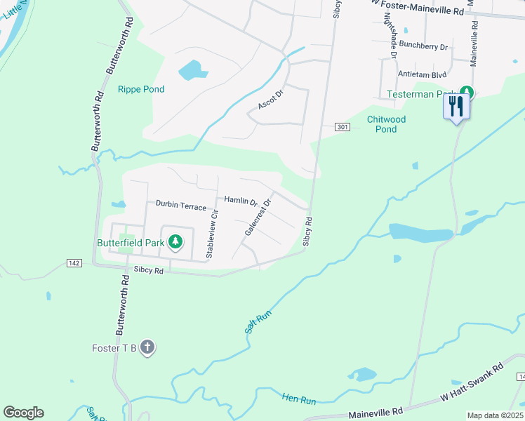 map of restaurants, bars, coffee shops, grocery stores, and more near 8800 Galecrest Drive in Maineville
