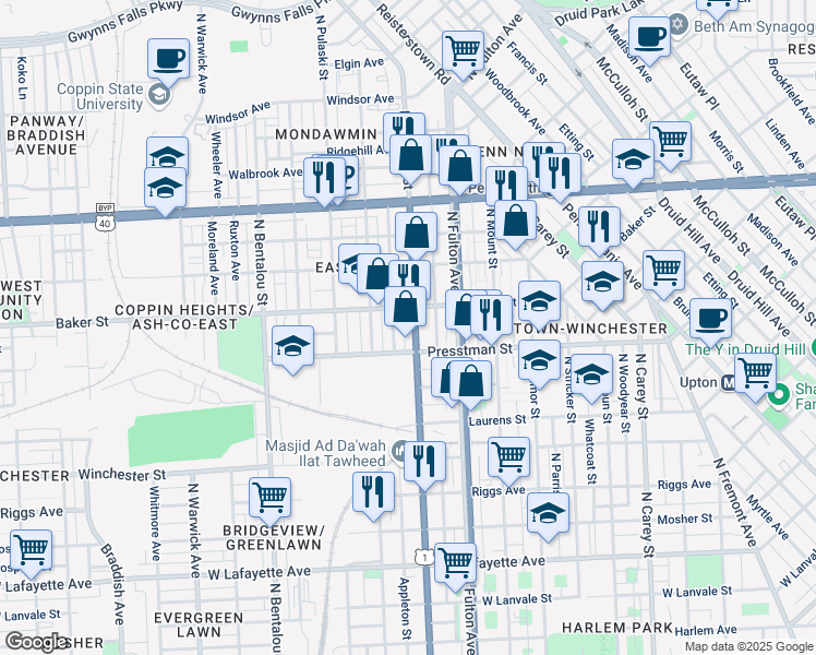 map of restaurants, bars, coffee shops, grocery stores, and more near 1528 North Monroe Street in Baltimore