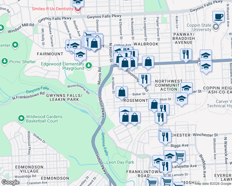 map of restaurants, bars, coffee shops, grocery stores, and more near 1607 North Hilton Street in Baltimore