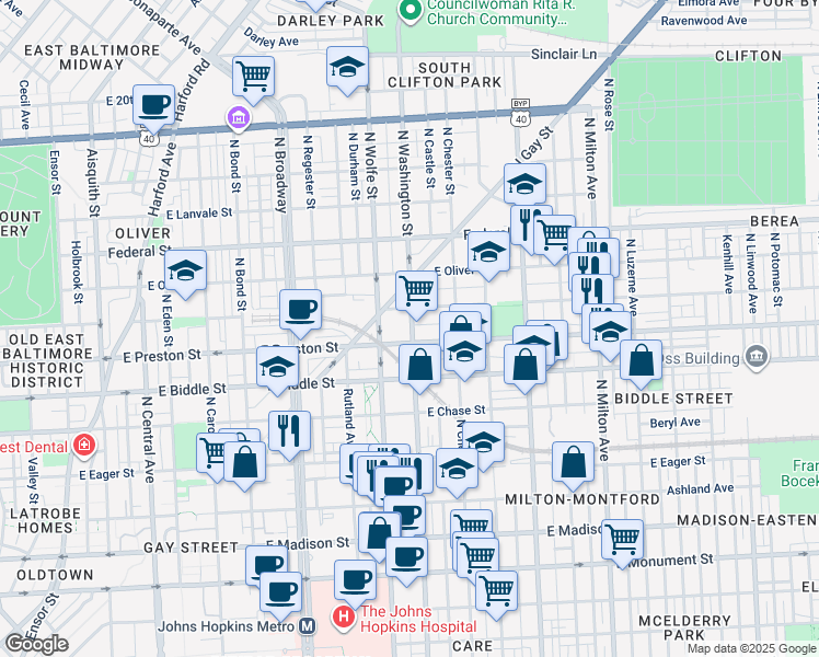 map of restaurants, bars, coffee shops, grocery stores, and more near 1320 N Washington St in Baltimore