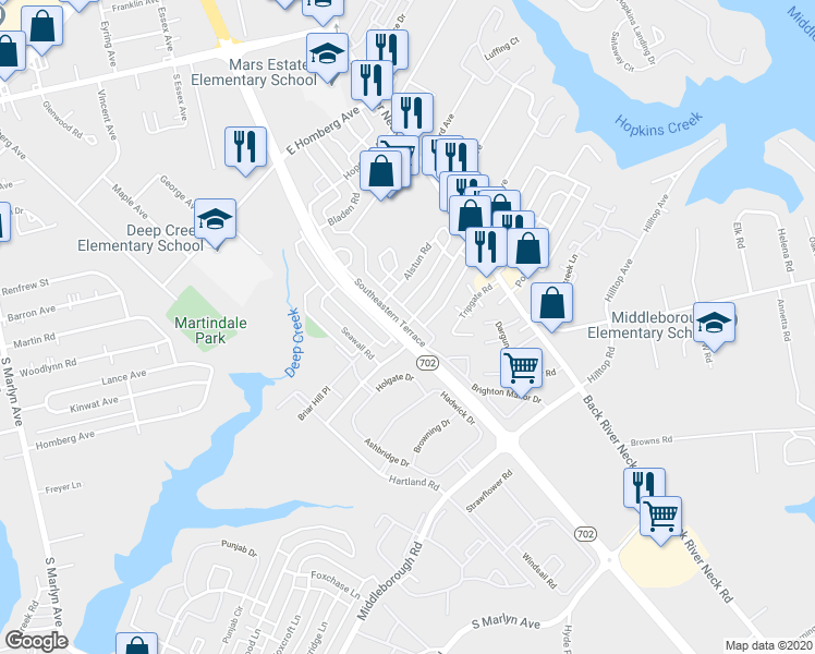 map of restaurants, bars, coffee shops, grocery stores, and more near 327 Southeastern Terrace in Essex