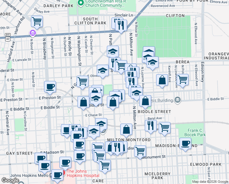 map of restaurants, bars, coffee shops, grocery stores, and more near 1309 North Patterson Park Avenue in Baltimore