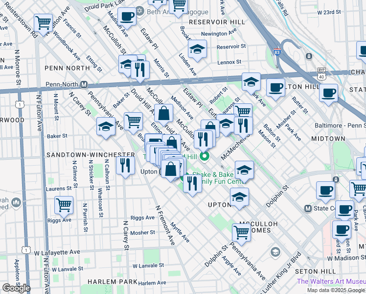 map of restaurants, bars, coffee shops, grocery stores, and more near 1808 Druid Hill Avenue in Baltimore