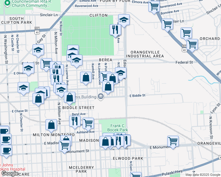 map of restaurants, bars, coffee shops, grocery stores, and more near 1240 North Decker Avenue in Baltimore