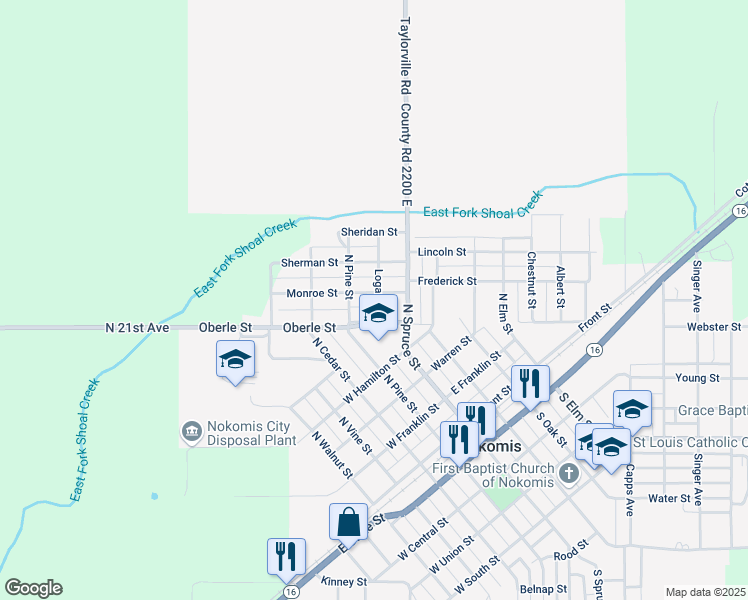 map of restaurants, bars, coffee shops, grocery stores, and more near 215 Monroe Street in Nokomis