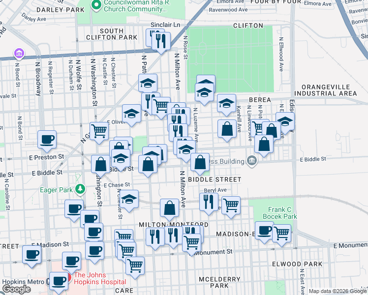 map of restaurants, bars, coffee shops, grocery stores, and more near 2504 East Preston Street in Baltimore