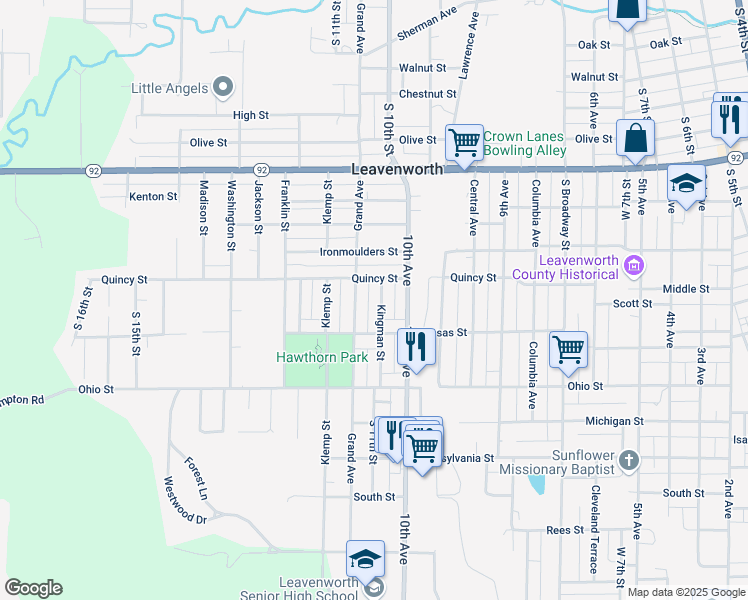 map of restaurants, bars, coffee shops, grocery stores, and more near 1216 Kingman Street in Leavenworth