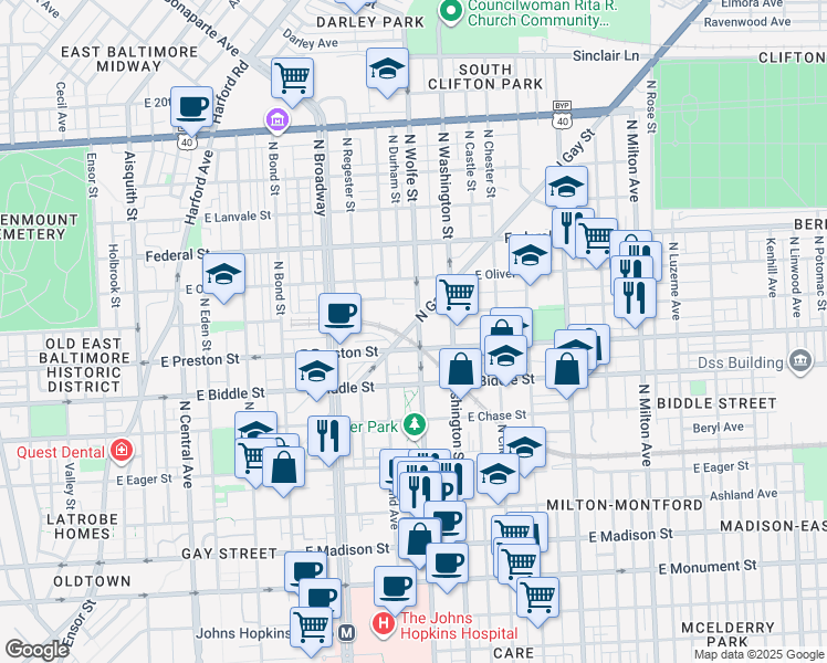 map of restaurants, bars, coffee shops, grocery stores, and more near 1345 North Gay Street in Baltimore