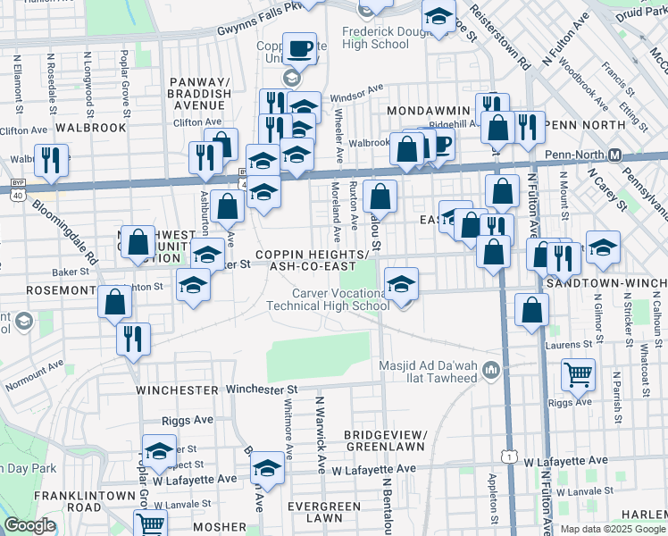 map of restaurants, bars, coffee shops, grocery stores, and more near 1564 Moreland Avenue in Baltimore
