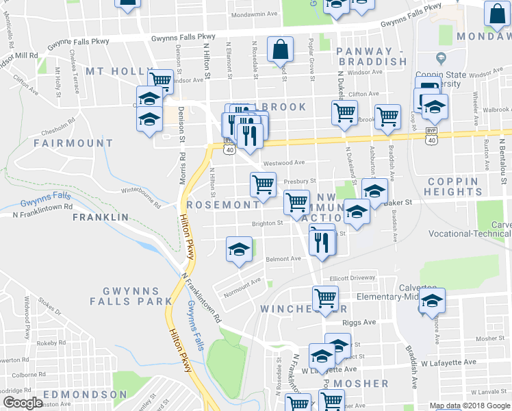 map of restaurants, bars, coffee shops, grocery stores, and more near 3108 Baker Street in Baltimore
