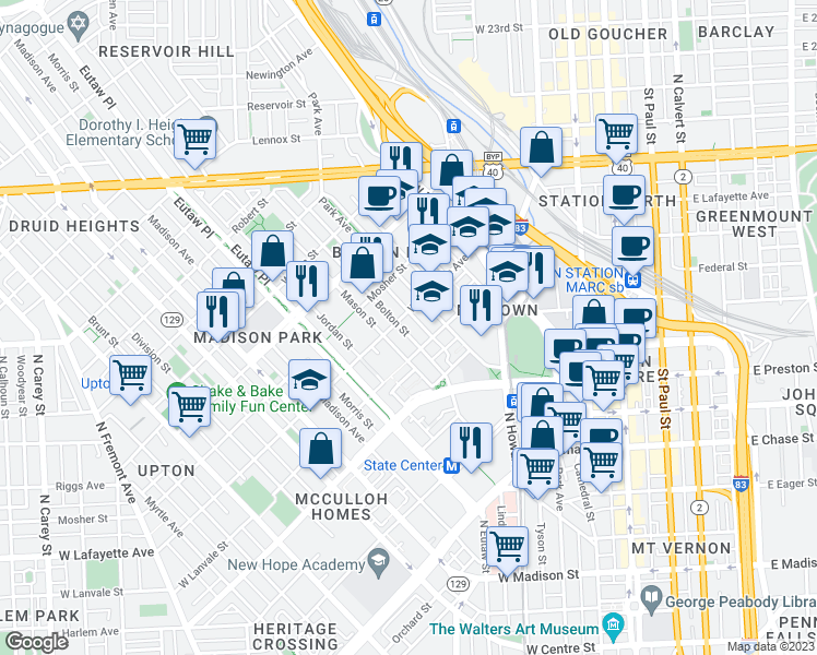 map of restaurants, bars, coffee shops, grocery stores, and more near 1327 Bolton Street in Baltimore