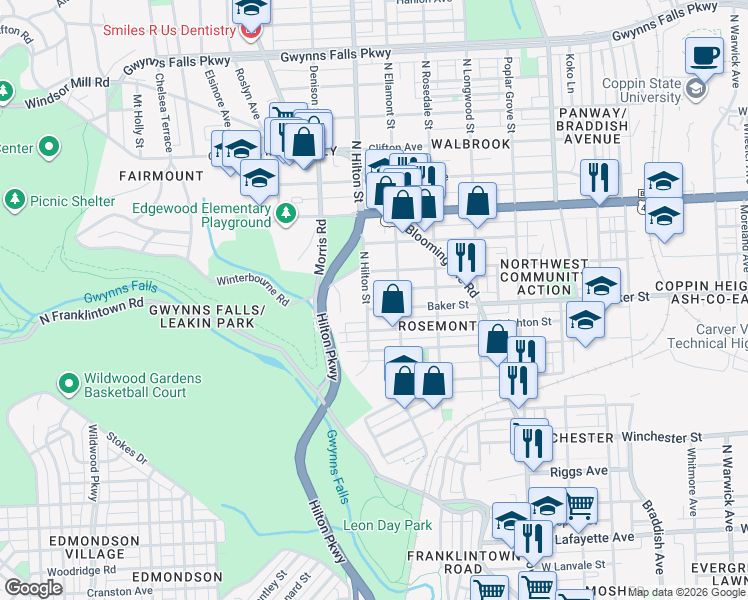 map of restaurants, bars, coffee shops, grocery stores, and more near 1607 North Hilton Street in Baltimore