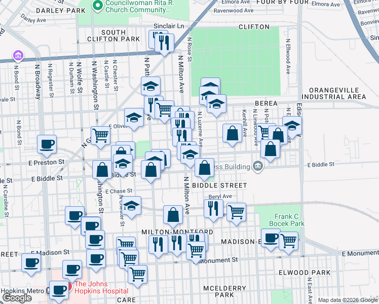 map of restaurants, bars, coffee shops, grocery stores, and more near 2510 East Preston Street in Baltimore