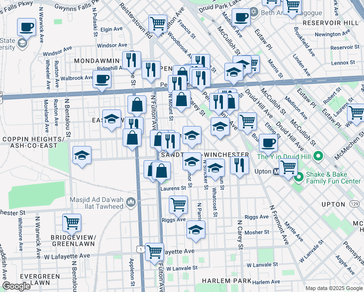 map of restaurants, bars, coffee shops, grocery stores, and more near 1515 Vincent Court in Baltimore