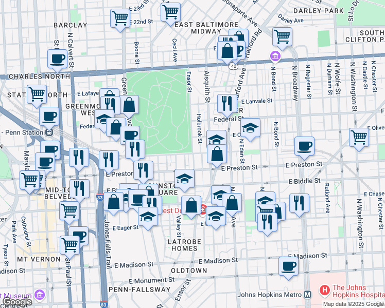 map of restaurants, bars, coffee shops, grocery stores, and more near 1001 East Hoffman Street in Baltimore