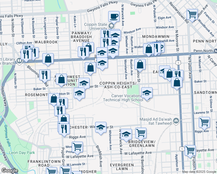 map of restaurants, bars, coffee shops, grocery stores, and more near 2533 Baker Street in Baltimore