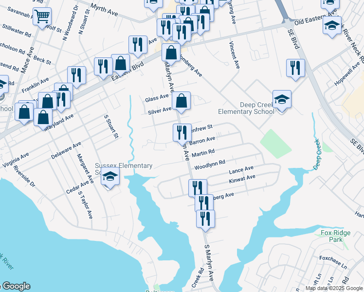 map of restaurants, bars, coffee shops, grocery stores, and more near 504 South Marlyn Avenue in Essex