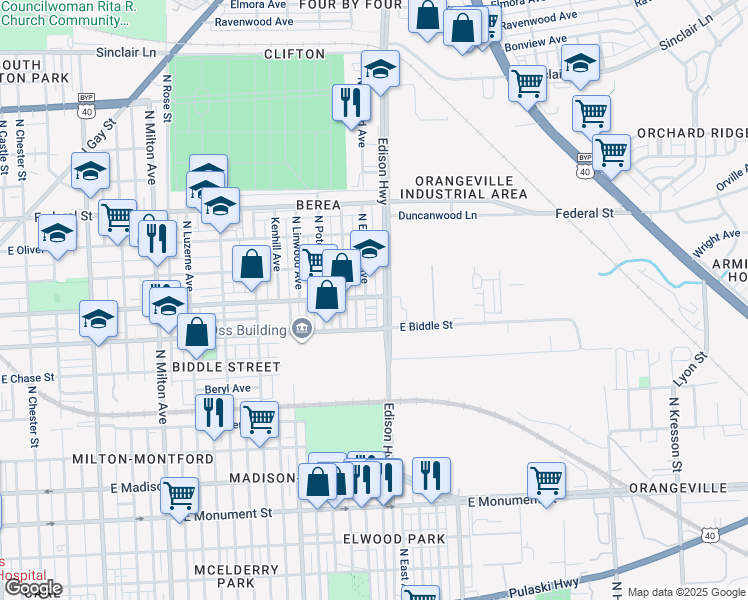 map of restaurants, bars, coffee shops, grocery stores, and more near 3113 East Preston Street in Baltimore