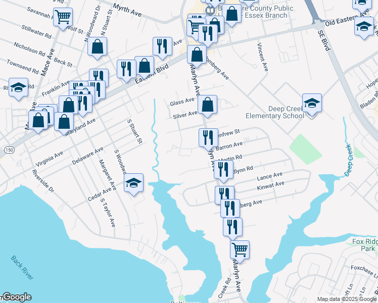 map of restaurants, bars, coffee shops, grocery stores, and more near 837 Brunswick Road in Essex