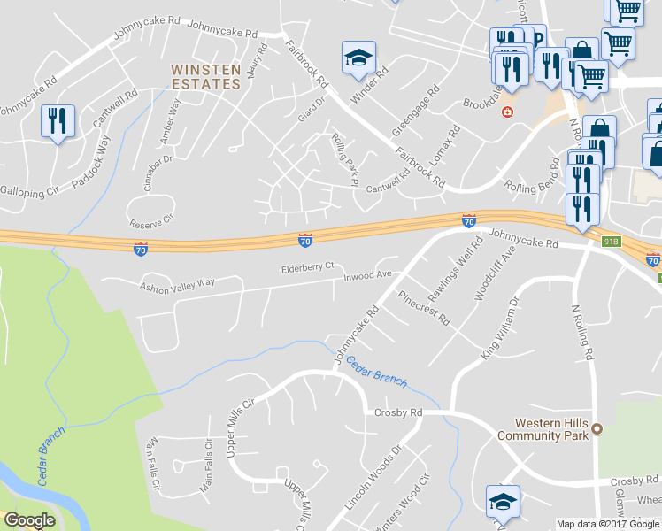 map of restaurants, bars, coffee shops, grocery stores, and more near 31 Elderberry Court in Catonsville