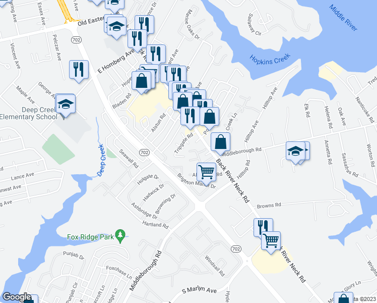 map of restaurants, bars, coffee shops, grocery stores, and more near 200 Dargun Road in Essex