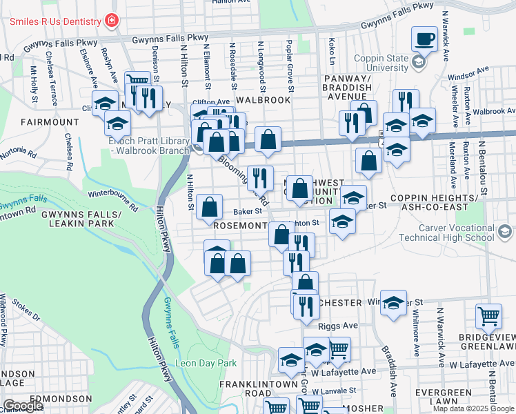 map of restaurants, bars, coffee shops, grocery stores, and more near 3014 Baker Street in Baltimore
