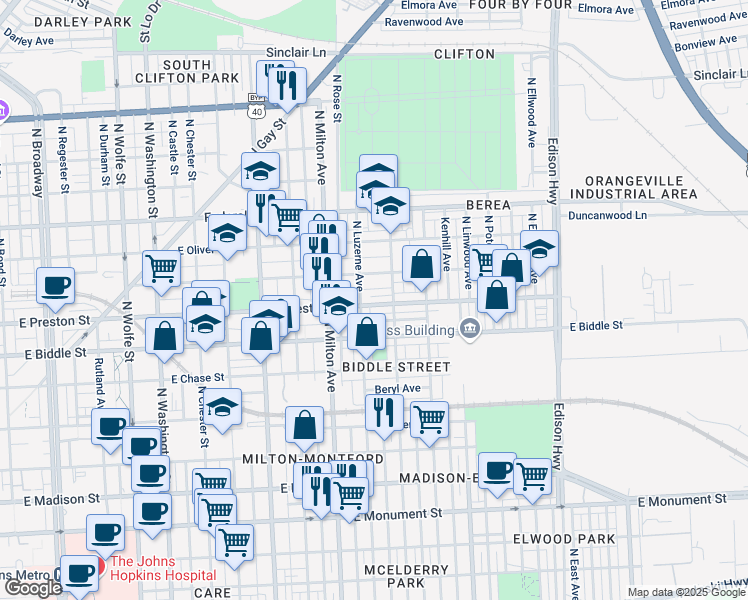 map of restaurants, bars, coffee shops, grocery stores, and more near 2606 East Preston Street in Baltimore