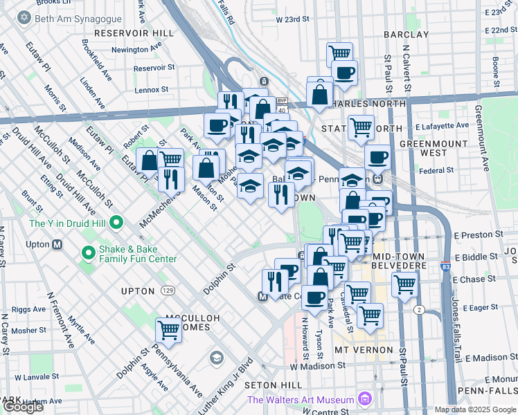 map of restaurants, bars, coffee shops, grocery stores, and more near W Lanvale St & Park Ave in Baltimore