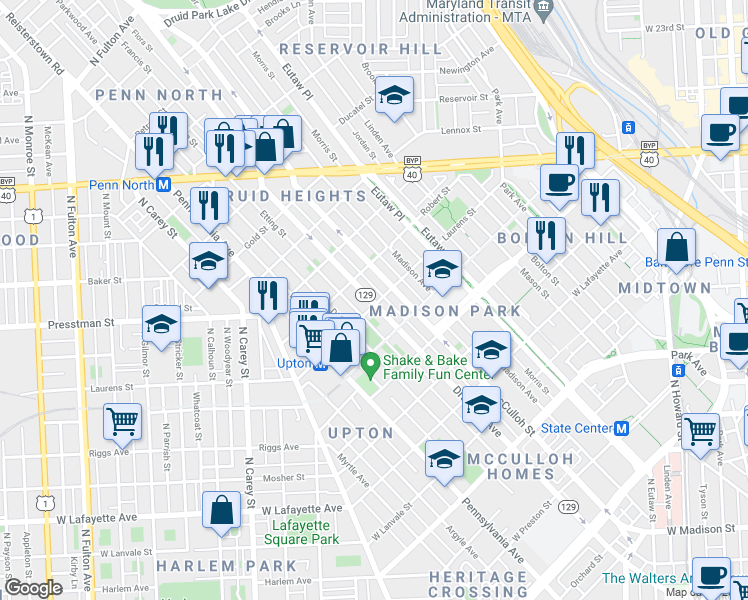 map of restaurants, bars, coffee shops, grocery stores, and more near 1803 Maryland 129 in Baltimore