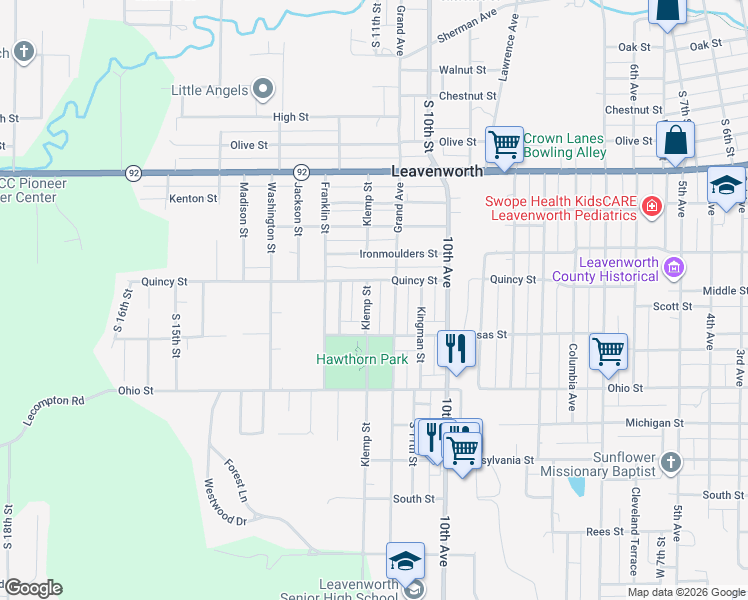 map of restaurants, bars, coffee shops, grocery stores, and more near 1209 Klemp St in Leavenworth