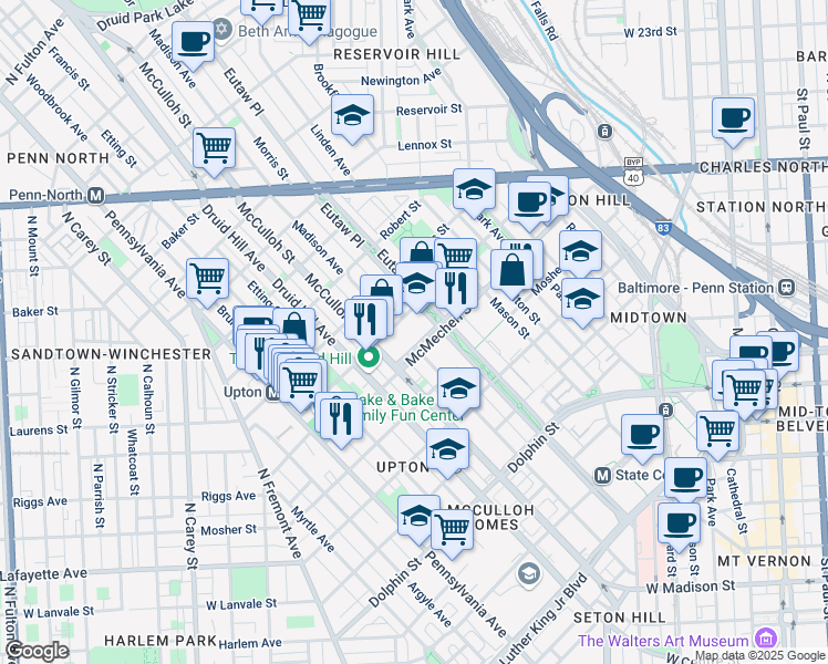 map of restaurants, bars, coffee shops, grocery stores, and more near 1600 Madison Avenue in Baltimore