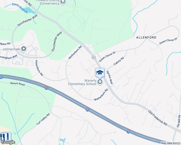 map of restaurants, bars, coffee shops, grocery stores, and more near 10327 Waverly Woods Drive in Ellicott City