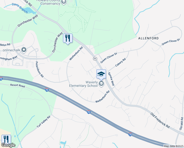 map of restaurants, bars, coffee shops, grocery stores, and more near 10327 Waverly Woods Drive in Ellicott City