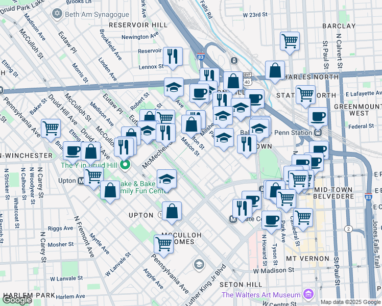 map of restaurants, bars, coffee shops, grocery stores, and more near 1410 Mason Street in Baltimore
