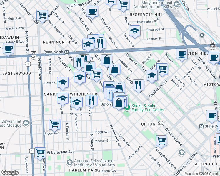 map of restaurants, bars, coffee shops, grocery stores, and more near 1916 Division Street in Baltimore