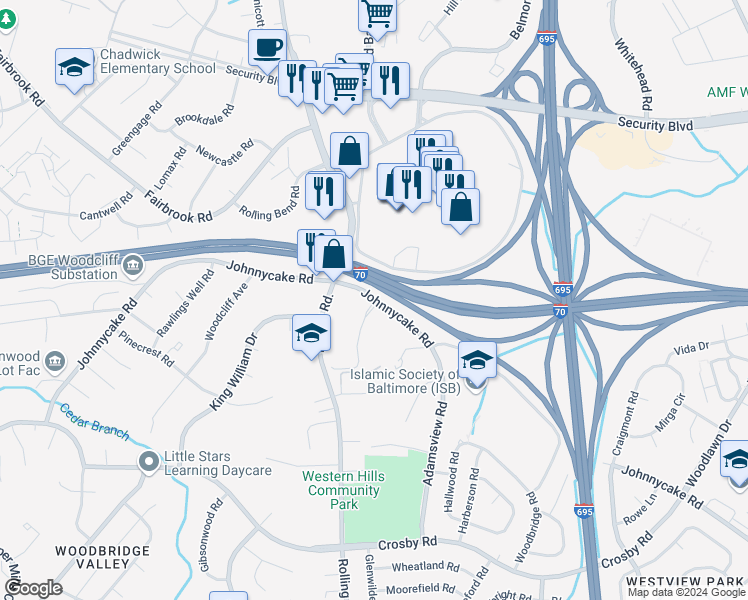 map of restaurants, bars, coffee shops, grocery stores, and more near 2 East Rolling Cross Road in Catonsville