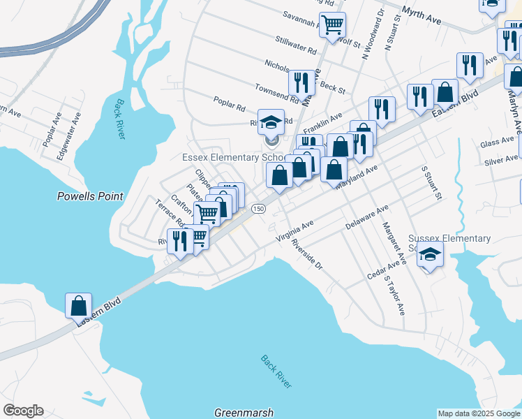 map of restaurants, bars, coffee shops, grocery stores, and more near 303 Eastern Boulevard in Essex