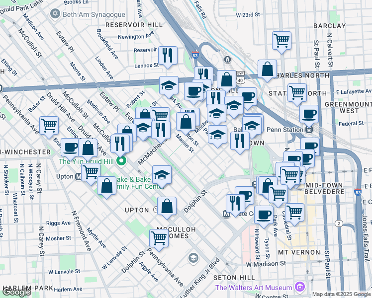 map of restaurants, bars, coffee shops, grocery stores, and more near 1410 Mason Street in Baltimore