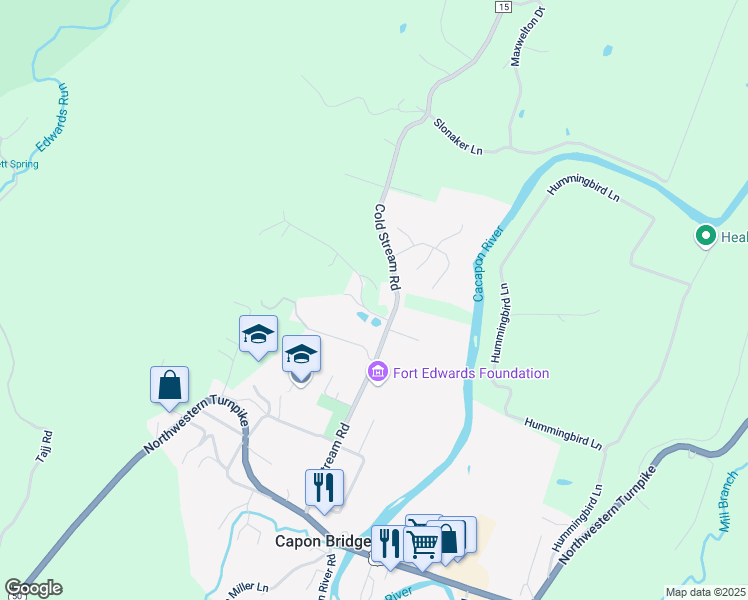 map of restaurants, bars, coffee shops, grocery stores, and more near 146 Settlers Lane in Capon Bridge