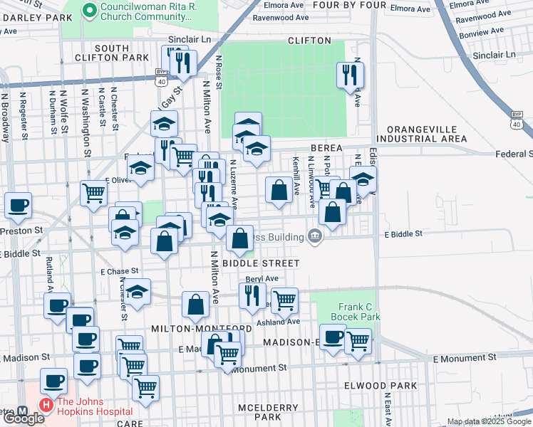 map of restaurants, bars, coffee shops, grocery stores, and more near 2710 East Preston Street in Baltimore