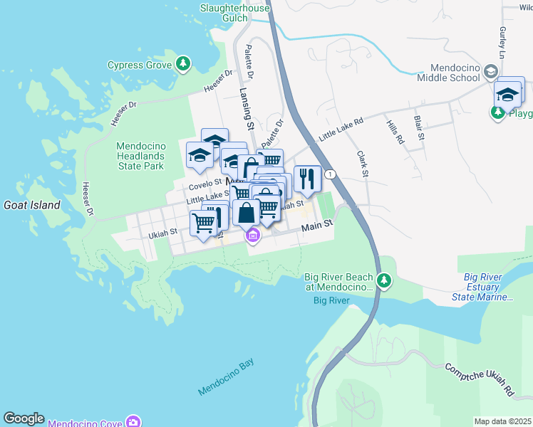 map of restaurants, bars, coffee shops, grocery stores, and more near 10470 Lansing Street in Mendocino